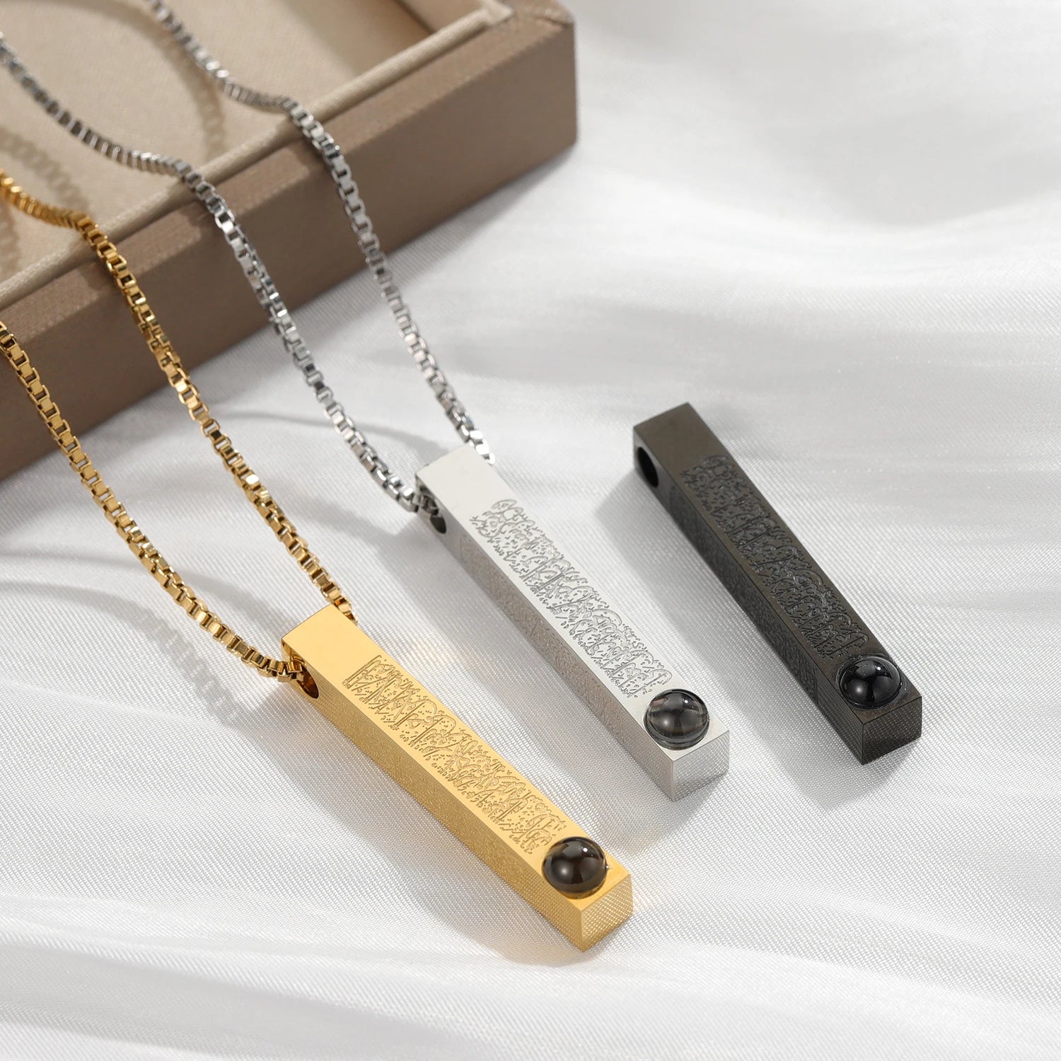 Personalized 3D Bar Necklaces Projection Photo Necklace Ayatul Kursi Islamic Arabic Jewelry For Men Women Memorial Christmas Gif