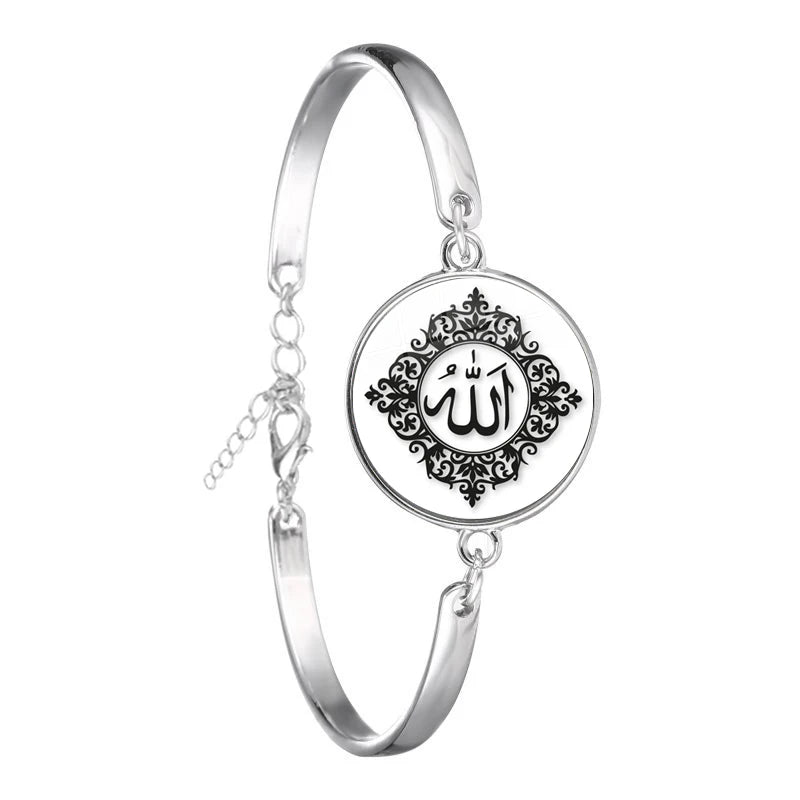 Arabic Islamic Muslim Cuff Bracelet 18mm Glass Cabochon I Love Allah Religious Charm Chain Bangle Jewelry For Woman Men Gift