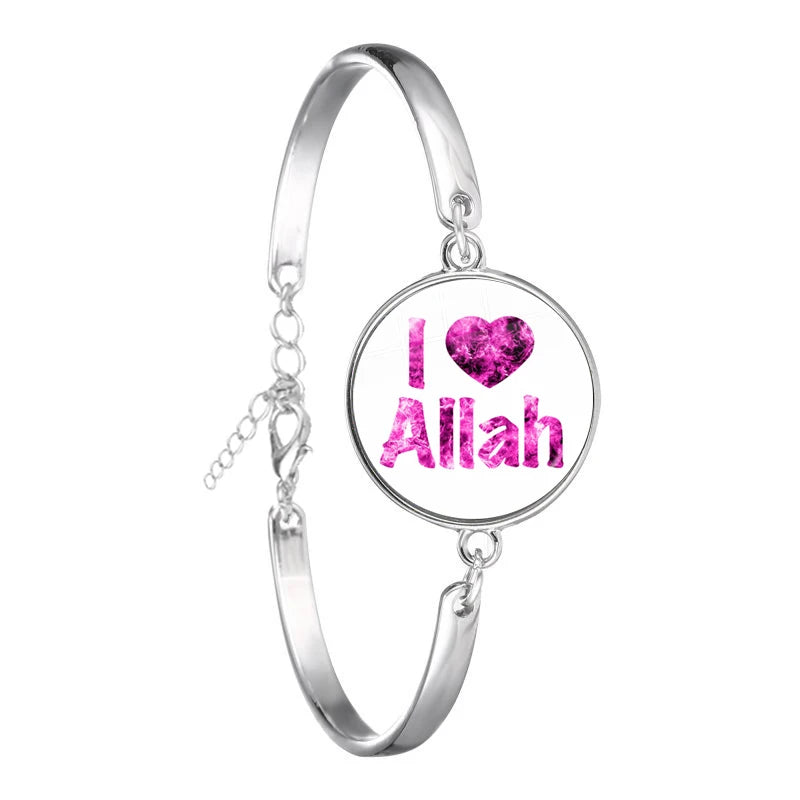Arabic Islamic Muslim Cuff Bracelet 18mm Glass Cabochon I Love Allah Religious Charm Chain Bangle Jewelry For Woman Men Gift