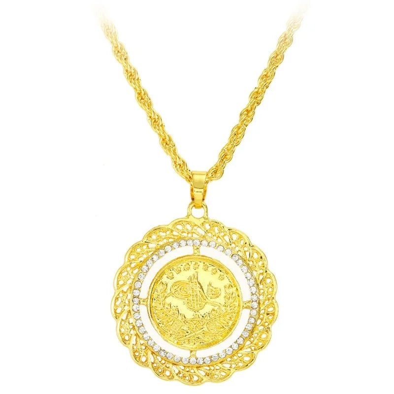 Muslim Islamic Rune Round Pendant Necklace Middle Eastern Turkish Crystal Hollow-Out Pendant Neck Chain for Women Accessories