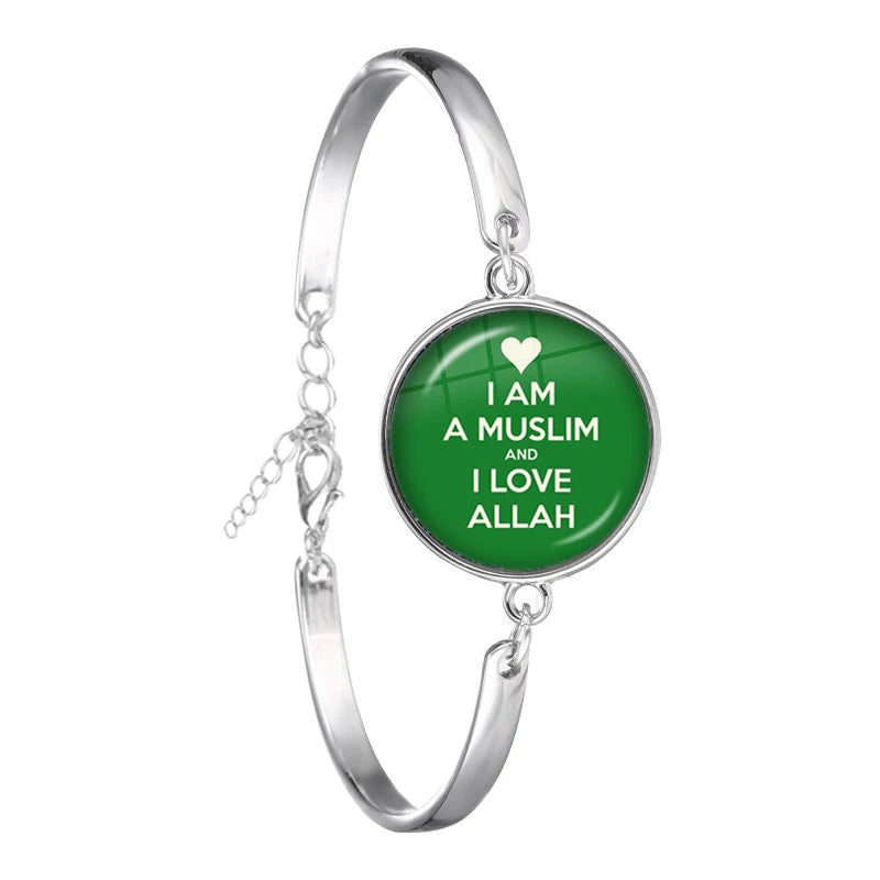 Arabic Islamic Muslim Cuff Bracelet 18mm Glass Cabochon I Love Allah Religious Charm Chain Bangle Jewelry For Woman Men Gift