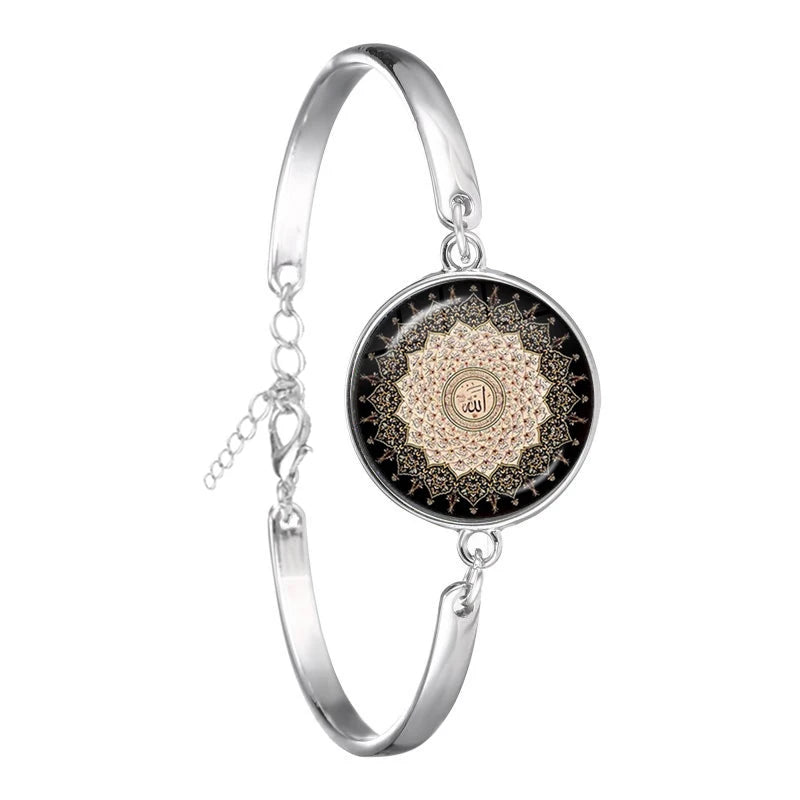 Arabic Islamic Muslim Cuff Bracelet 18mm Glass Cabochon I Love Allah Religious Charm Chain Bangle Jewelry For Woman Men Gift