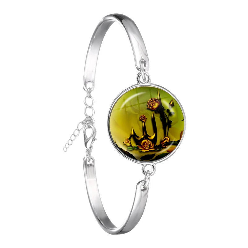 Arabic Islamic Muslim Cuff Bracelet 18mm Glass Cabochon I Love Allah Religious Charm Chain Bangle Jewelry For Woman Men Gift