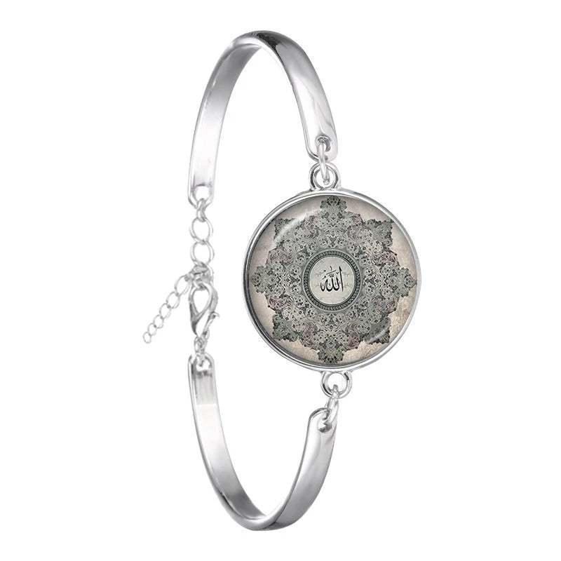 Arabic Islamic Muslim Cuff Bracelet 18mm Glass Cabochon I Love Allah Religious Charm Chain Bangle Jewelry For Woman Men Gift
