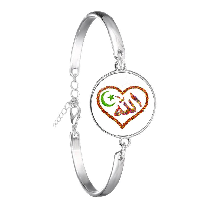 Arabic Islamic Muslim Cuff Bracelet 18mm Glass Cabochon I Love Allah Religious Charm Chain Bangle Jewelry For Woman Men Gift