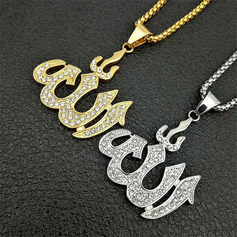 Dropshipping Hip Hop Iced Out Bling Islamic Allah Pendants Necklaces For Women And Men Stainless Steel Muslim Jewelry Wholesale