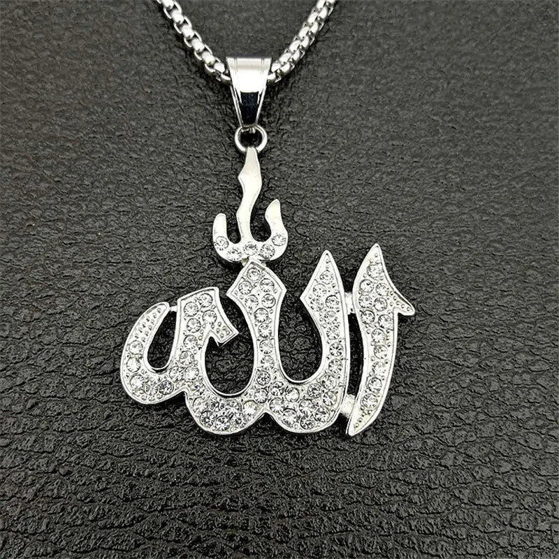 Dropshipping Hip Hop Iced Out Bling Islamic Allah Pendants Necklaces For Women And Men Stainless Steel Muslim Jewelry Wholesale