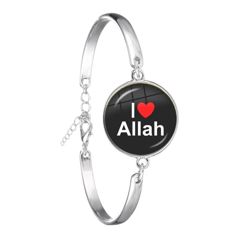 Arabic Islamic Muslim Cuff Bracelet 18mm Glass Cabochon I Love Allah Religious Charm Chain Bangle Jewelry For Woman Men Gift