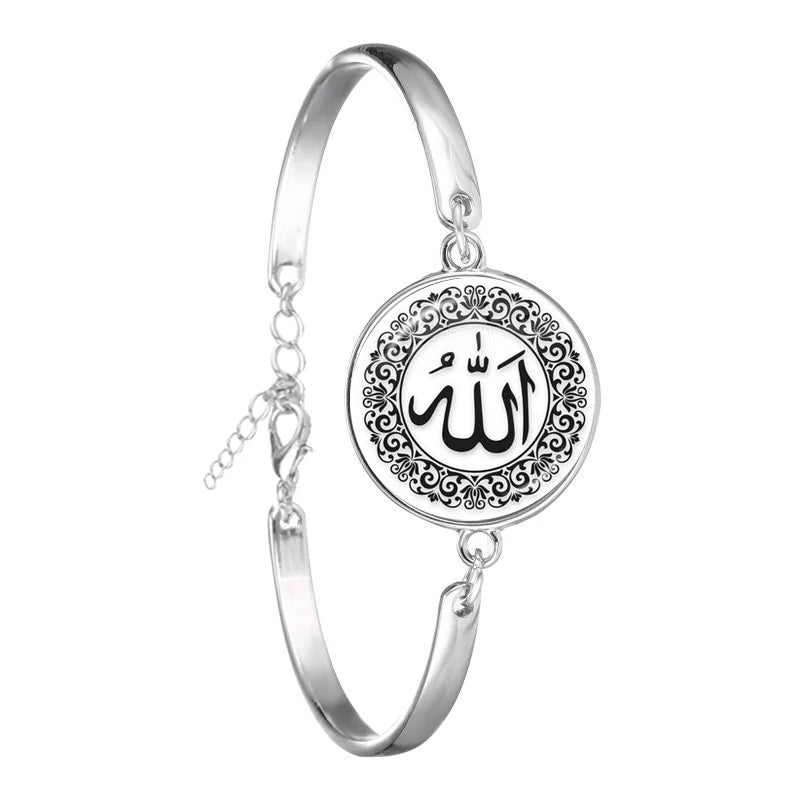 Arabic Islamic Muslim Cuff Bracelet 18mm Glass Cabochon I Love Allah Religious Charm Chain Bangle Jewelry For Woman Men Gift