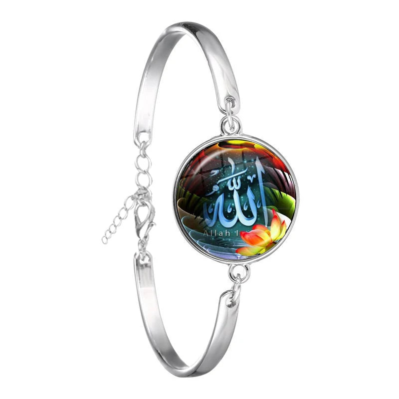 Arabic Islamic Muslim Cuff Bracelet 18mm Glass Cabochon I Love Allah Religious Charm Chain Bangle Jewelry For Woman Men Gift