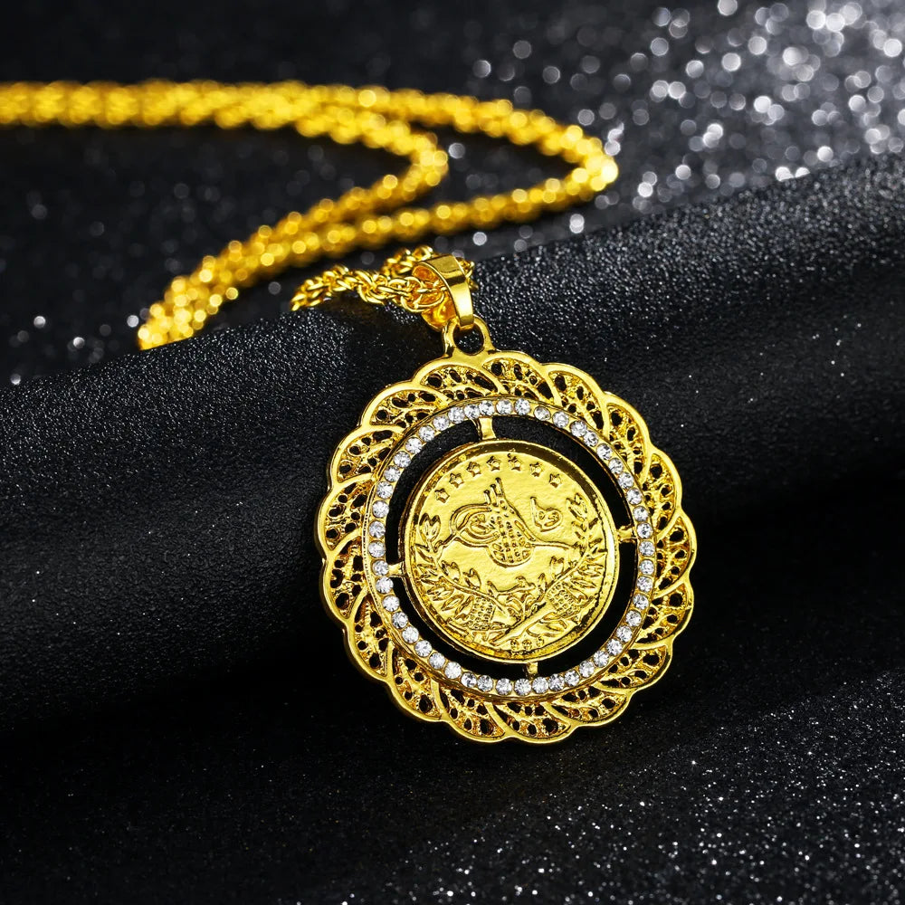 Muslim Islamic Rune Round Pendant Necklace Middle Eastern Turkish Crystal Hollow-Out Pendant Neck Chain for Women Accessories