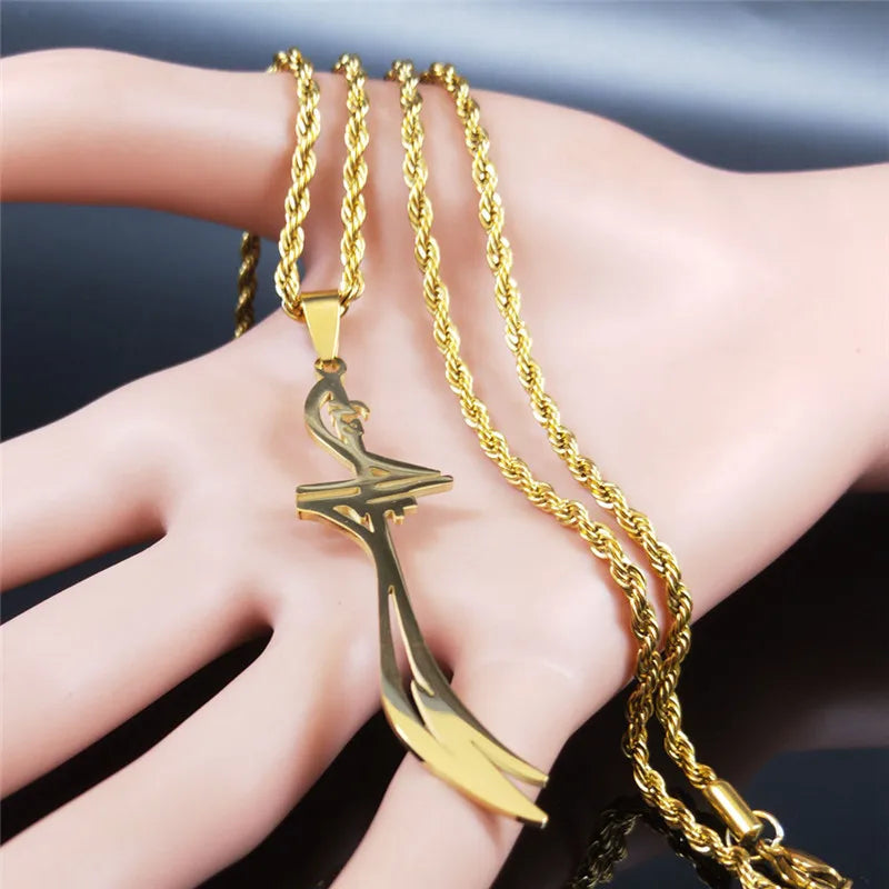 Imam Ali Arabic Sword Stainless Steel Necklaces for Men Gold Color Zulfiqar Necklace Jewelry Collares Largos N2657S01