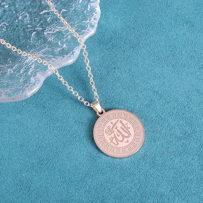 Allah Scripture Round Medal Pendant Stainless Steel Necklace Mens Islamic Jewelry Amulets Muslim Gifts