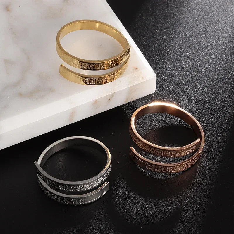 YILUOCD Ayatul Kursi Stainless Steel Ring Quran Arabian Calligraphy Religious Adjustable Rings for Women Blessing Muslim Jewelry