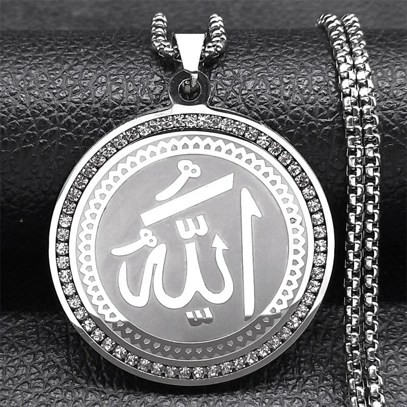 Arabic Quran Allah Medal Necklace for Women Men Rhinestone Stainless Steel Gold Color Islam Muslim Chain Jewelry collar NZZZ490