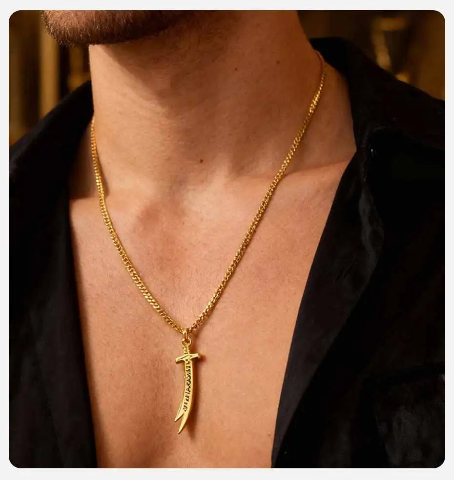 Vnox Islamic Zulfiqar Sword Pendant Necklace for Men, Stainless Steel Gold Silver Color Imam Ali Talisman Amulet Religious Gifts