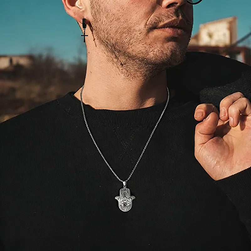 Stainless Steel Hamsa Hand Necklace Muslim Hand of Fatima Pendant Necklaces For Women Men Arabic Amulet Jewelry