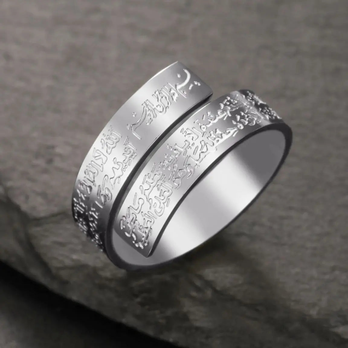 LIKGREAT Arabian Calligraphy Prayer Ring Islamic Ayatul Kursi Allah Mohammad Ring Stainless Steel Quran Blessing Jewelry Gift