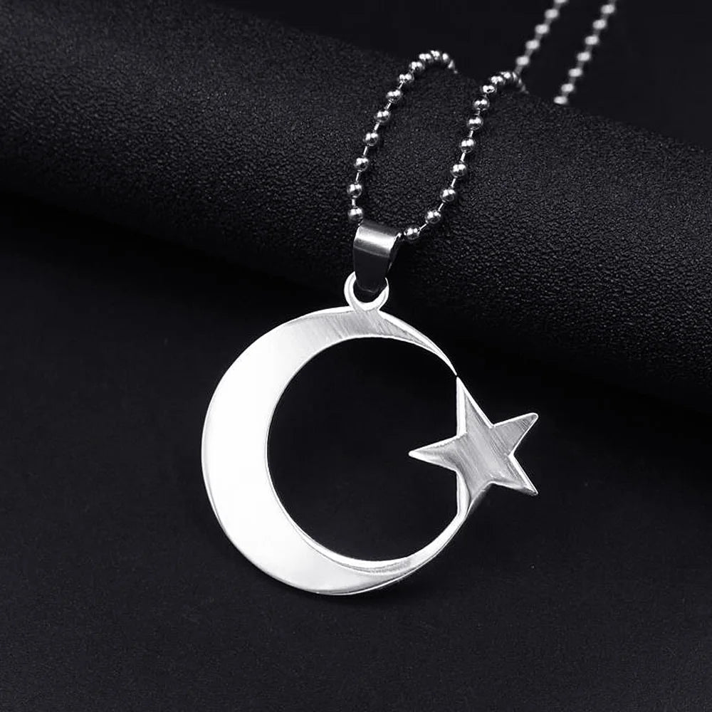 Men's Women's Spirit Stainless Steel Crescent Star Necklace Islamic Muslim Amulet Pendant Turkish Religious Jewelry Accessories