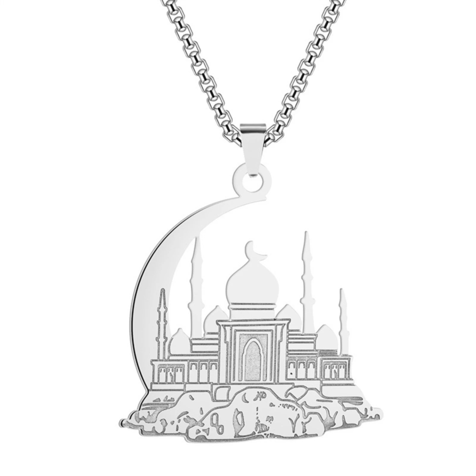 Mosque Crescent Moon Pendant Necklace for Women Men Islamic Muslim Stainless Steel Jewelry Gift