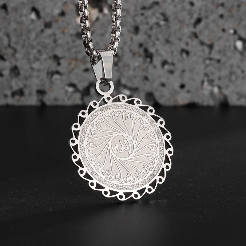 Allah Scripture Round Medal Pendant Stainless Steel Necklace Mens Islamic Jewelry Amulets Muslim Gifts