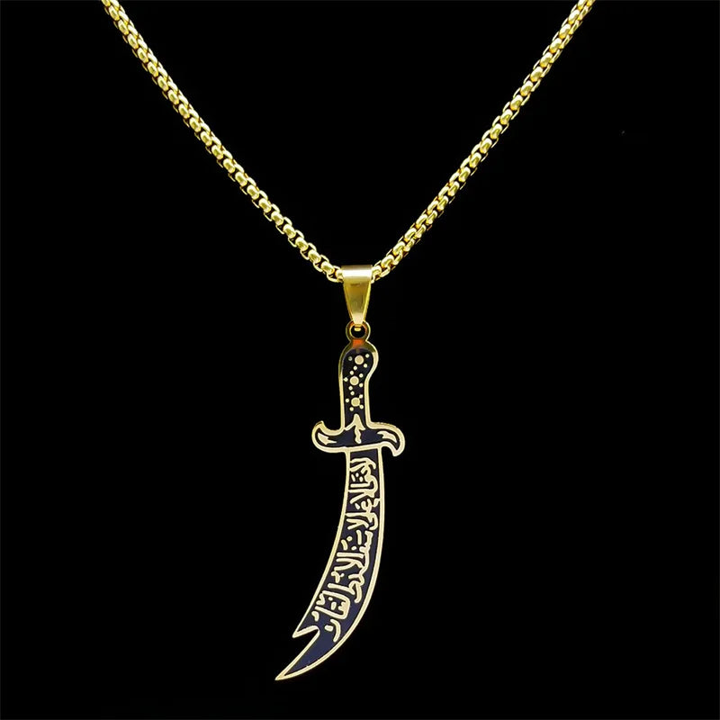 Arabic Ali Sword Knife Chain Necklaces for Men Stainless Steel Gold Color Muslim Islamic Necklace Jewelry collar acero N558S02