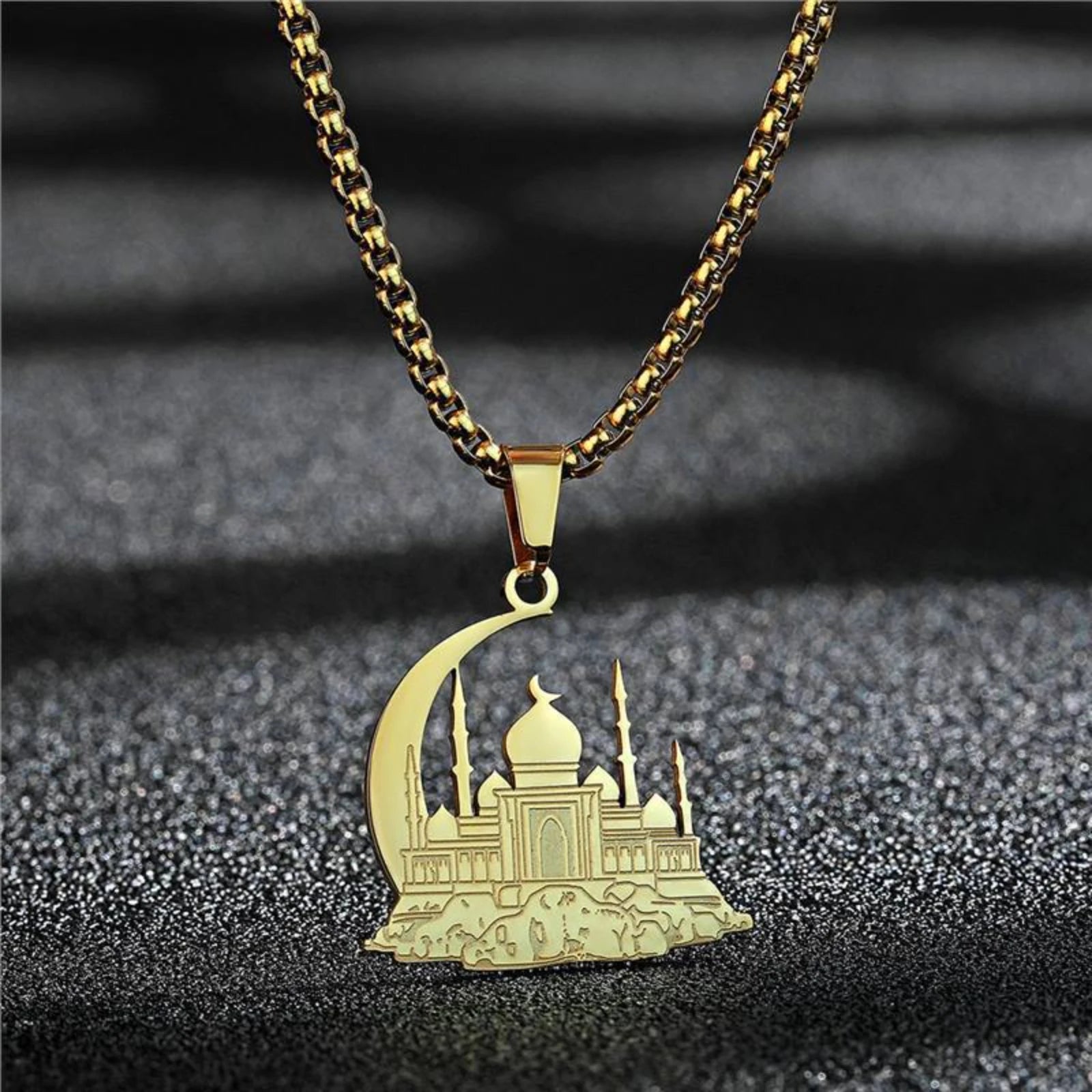 Mosque Crescent Moon Pendant Necklace for Women Men Islamic Muslim Stainless Steel Jewelry Gift