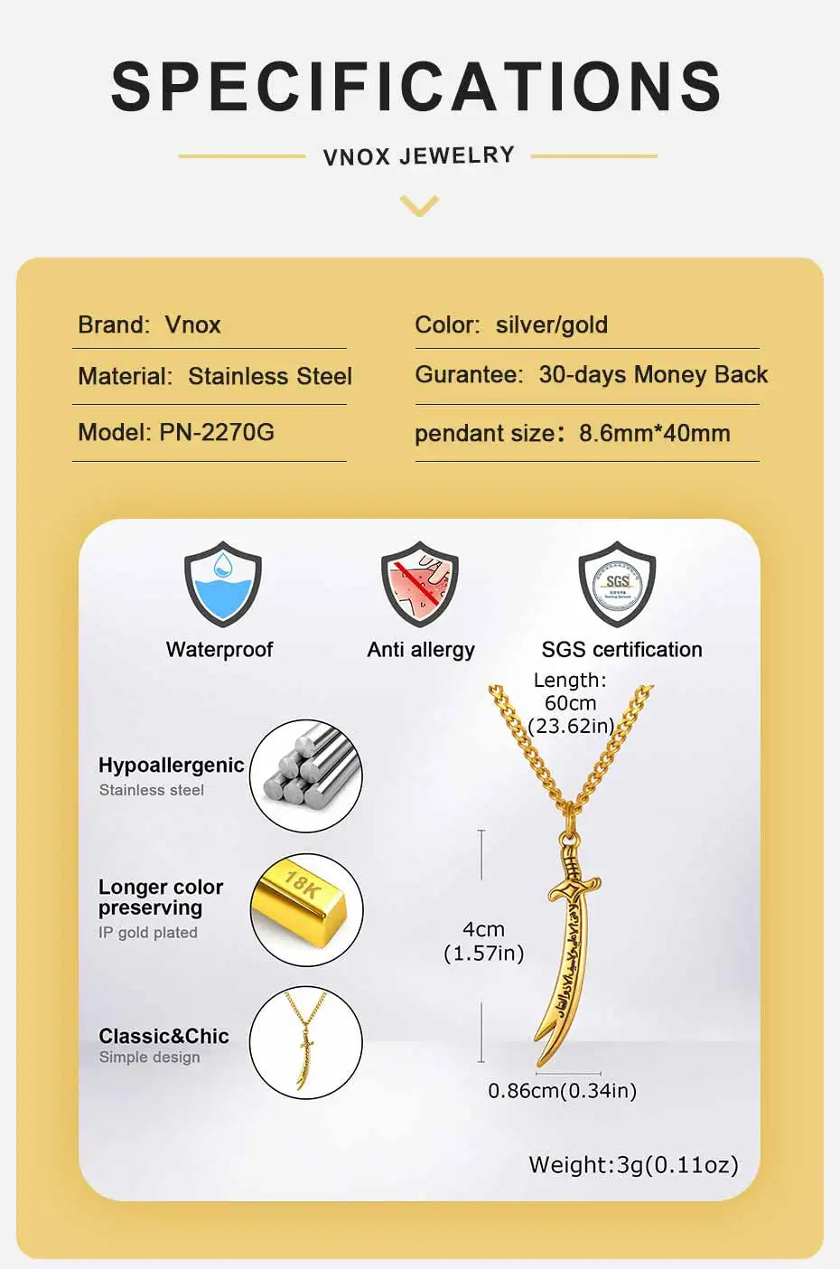 Vnox Islamic Zulfiqar Sword Pendant Necklace for Men, Stainless Steel Gold Silver Color Imam Ali Talisman Amulet Religious Gifts