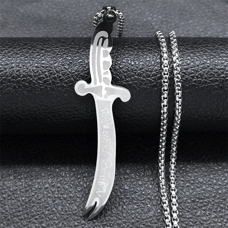 Arabic Ali Sword Knife Chain Necklaces for Men Stainless Steel Gold Color Muslim Islamic Necklace Jewelry collar acero N558S02
