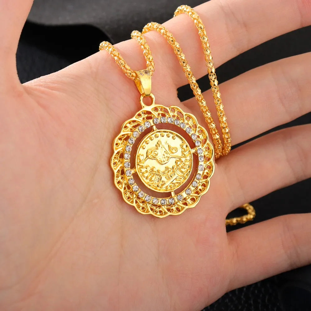 Muslim Islamic Rune Round Pendant Necklace Middle Eastern Turkish Crystal Hollow-Out Pendant Neck Chain for Women Accessories
