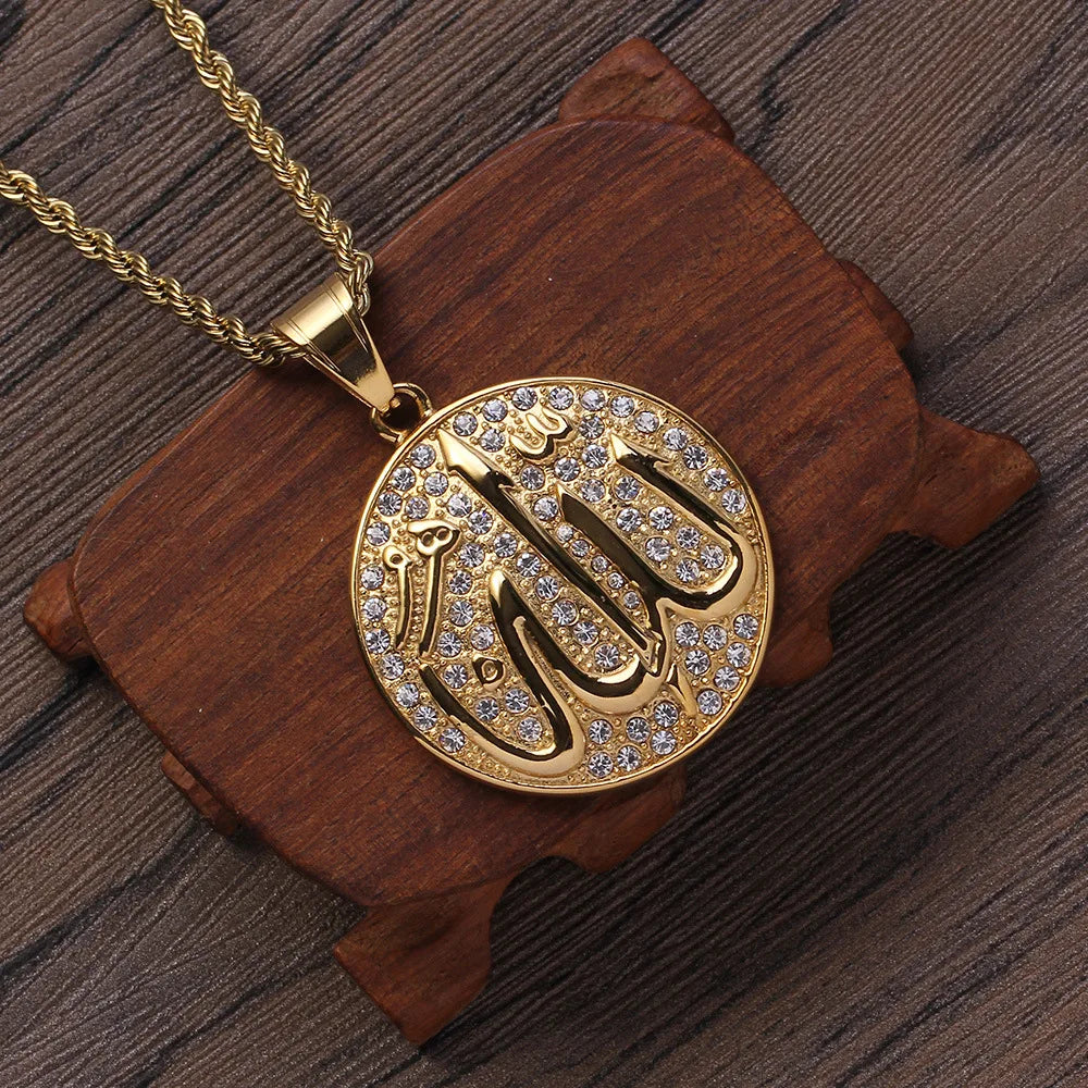 Allah Scripture Round Medal Pendant Stainless Steel Necklace Mens Islamic Jewelry Amulets Muslim Gifts