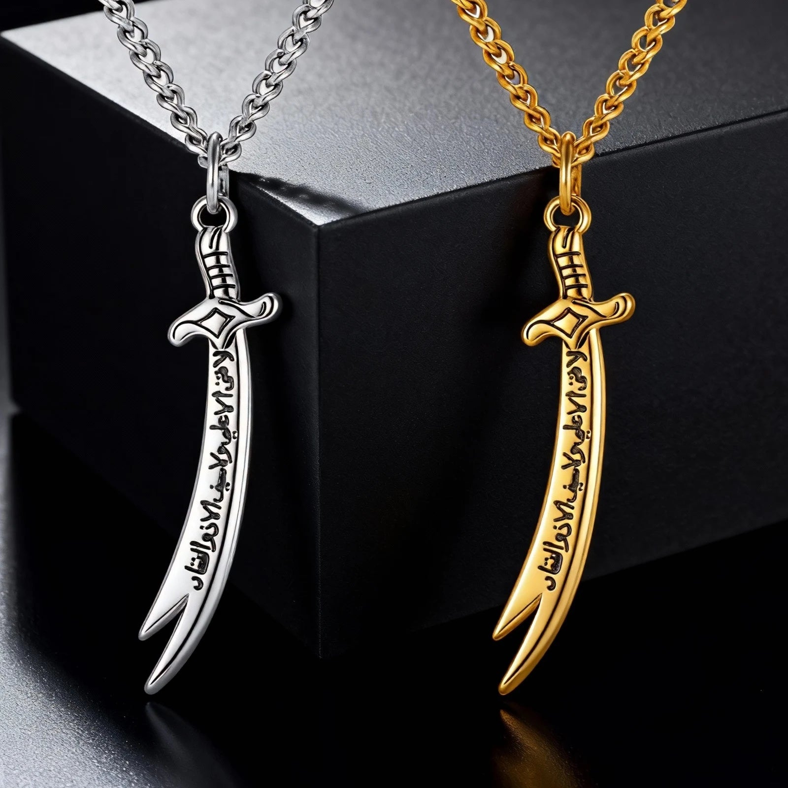 Islamic Zoleferka Sword Pendant Necklace for Men Women, Religious Amulet Stainless Steel Jewelry Gifts