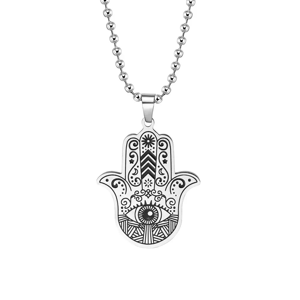 Stainless Steel Hamsa Hand Necklace Muslim Hand of Fatima Pendant Necklaces For Women Men Arabic Amulet Jewelry