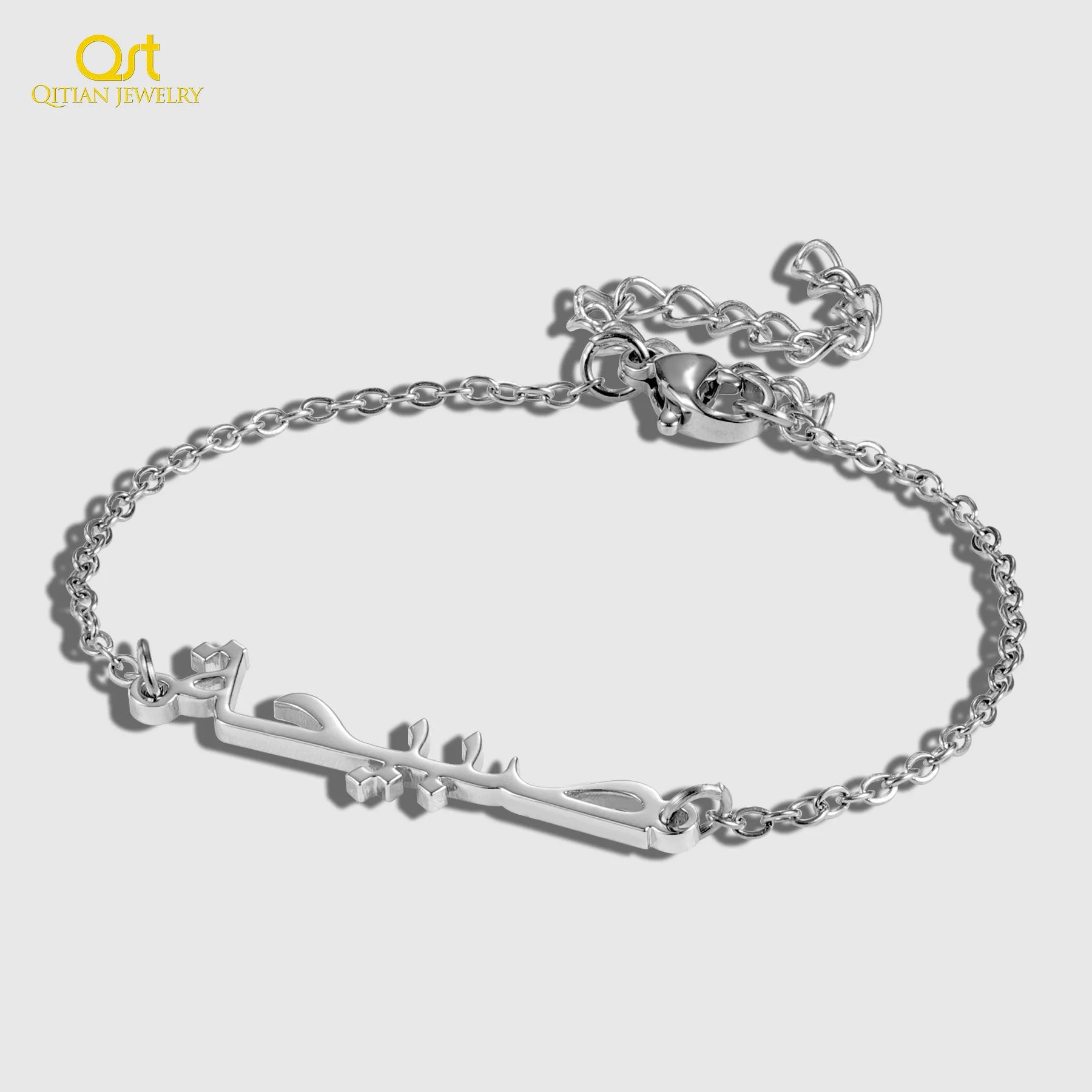 Qitian Personalized Islamic Calligraphy Bracelet Custom Arabic Name Bracelet 18k Gold Plated Stainless Steel Muslim Jewelry Gift