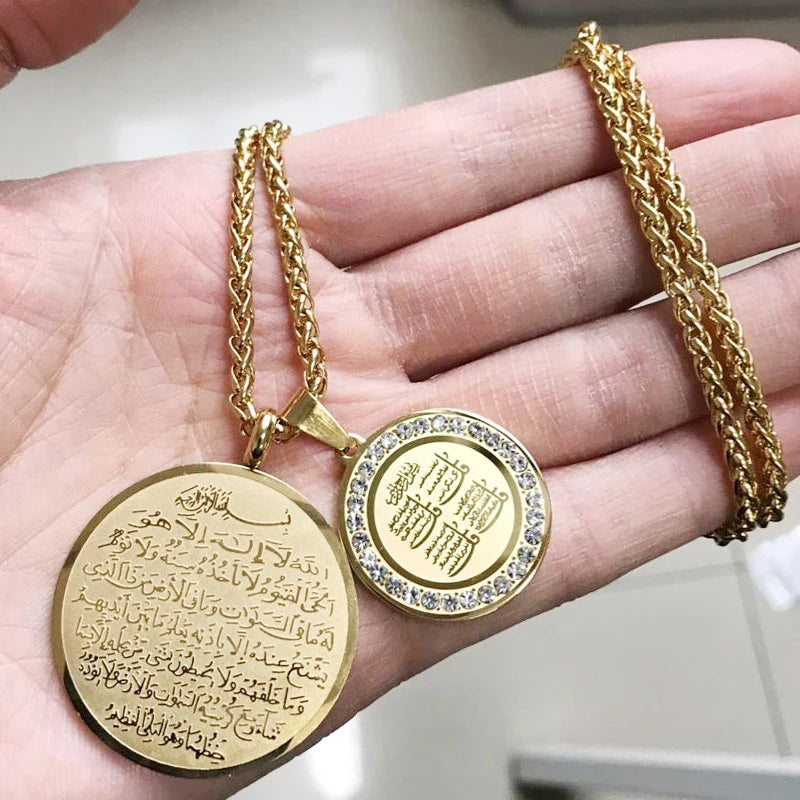 Allah Scripture Round Medal Pendant Stainless Steel Necklace Mens Islamic Jewelry Amulets Muslim Gifts