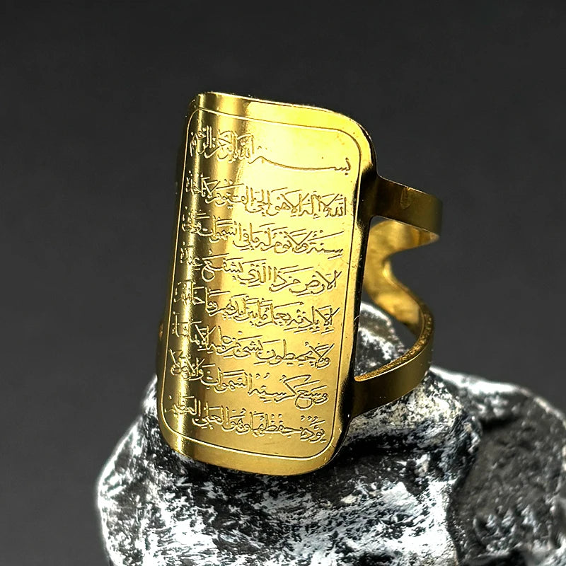 Islam Muslim Arabic Letter Quran Medal Dog Tag Rings for Women Men Stainless Steel Gold Color Allah God Finger Ring Jewelry