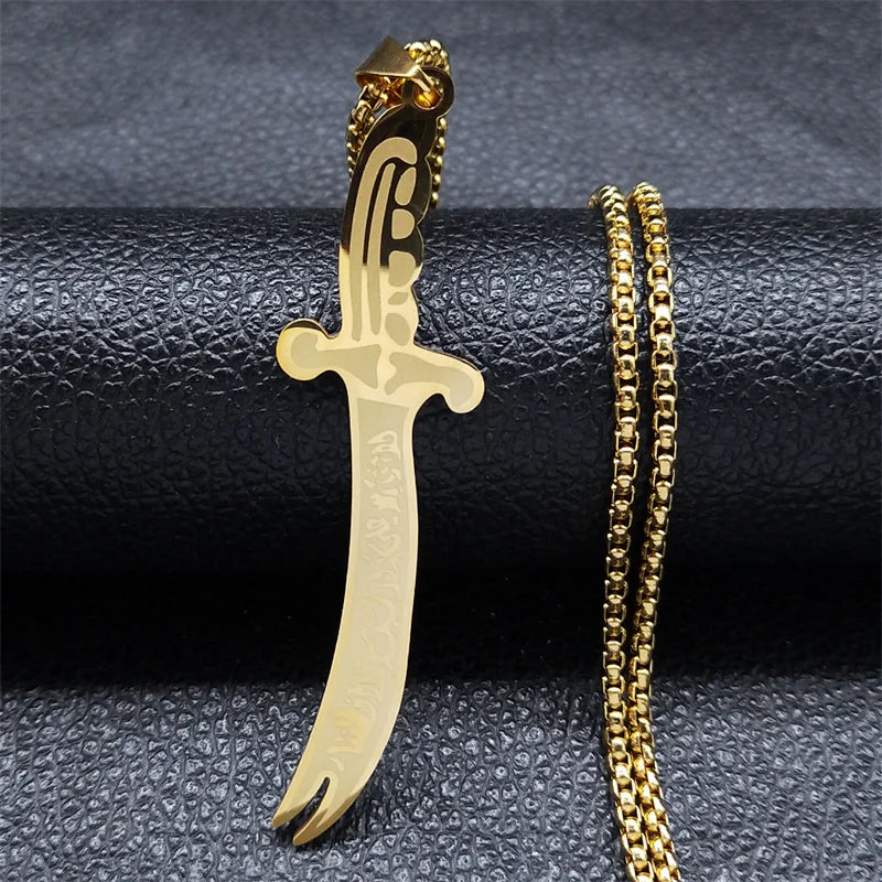 Arabic Ali Sword Knife Chain Necklaces for Men Stainless Steel Gold Color Muslim Islamic Necklace Jewelry collar acero N558S02