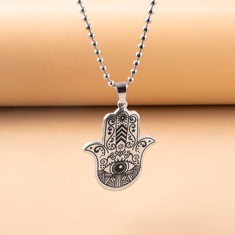 Stainless Steel Hamsa Hand Necklace Muslim Hand of Fatima Pendant Necklaces For Women Men Arabic Amulet Jewelry