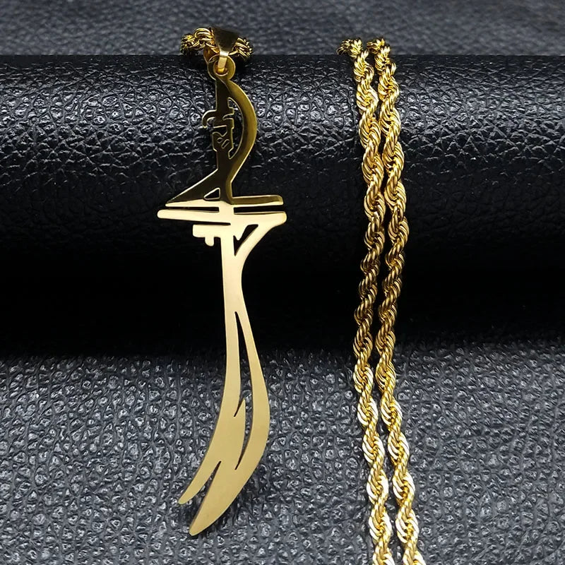 Imam Ali Arabic Sword Stainless Steel Necklaces for Men Gold Color Zulfiqar Necklace Jewelry Collares Largos N2657S01