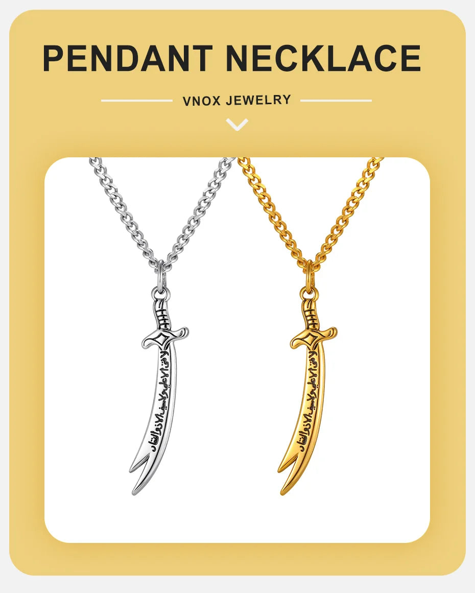 Vnox Islamic Zulfiqar Sword Pendant Necklace for Men, Stainless Steel Gold Silver Color Imam Ali Talisman Amulet Religious Gifts