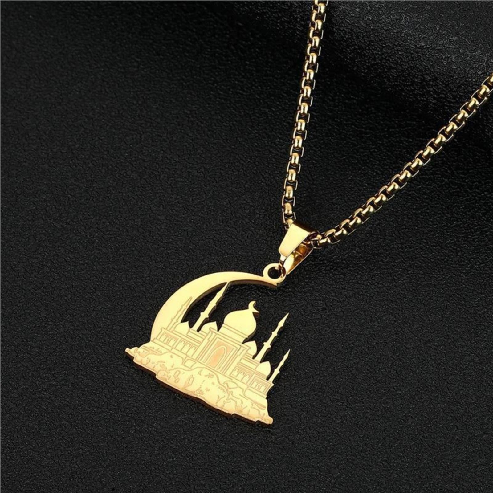 Mosque Crescent Moon Pendant Necklace for Women Men Islamic Muslim Stainless Steel Jewelry Gift