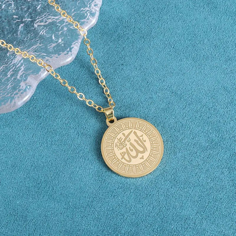 Allah Scripture Round Medal Pendant Stainless Steel Necklace Mens Islamic Jewelry Amulets Muslim Gifts