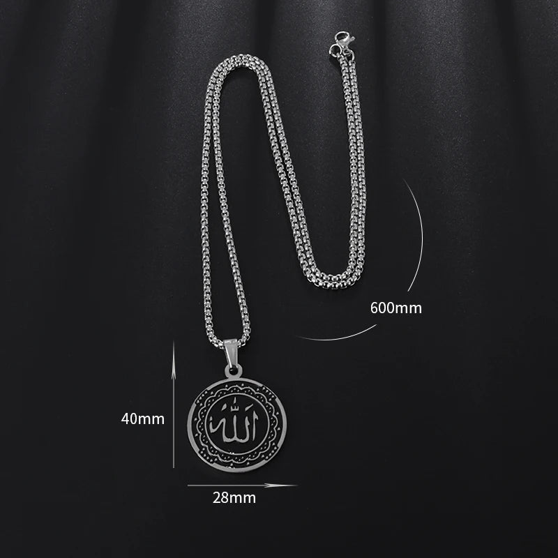 Allah Scripture Round Medal Pendant Stainless Steel Necklace Mens Islamic Jewelry Amulets Muslim Gifts