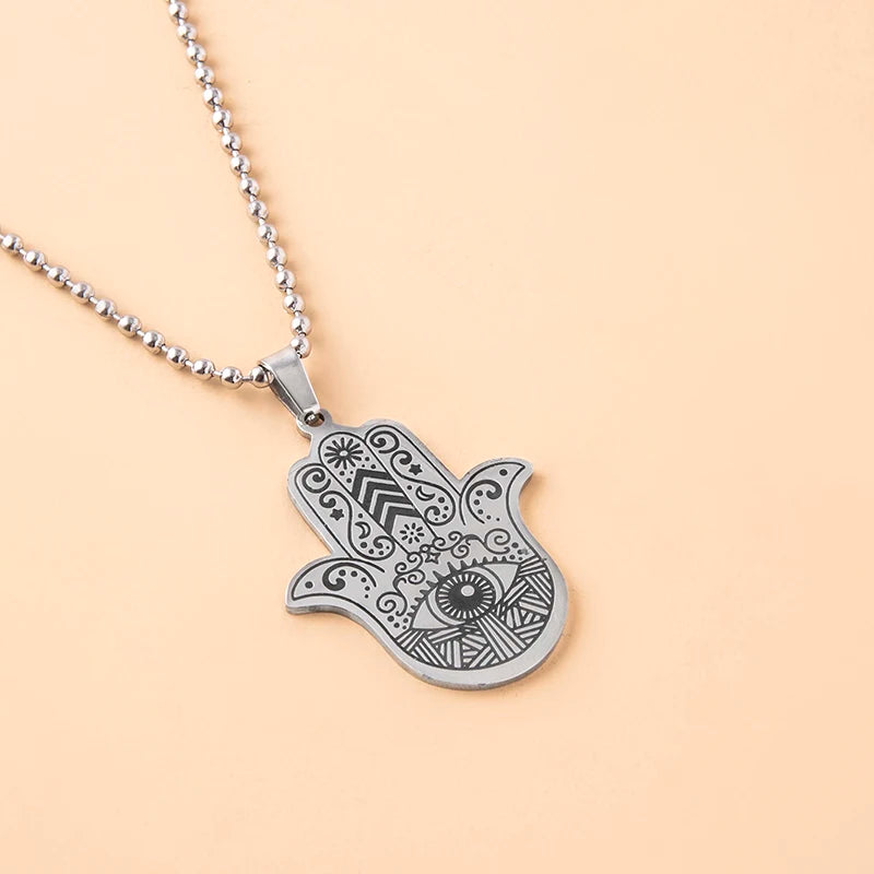 Stainless Steel Hamsa Hand Necklace Muslim Hand of Fatima Pendant Necklaces For Women Men Arabic Amulet Jewelry