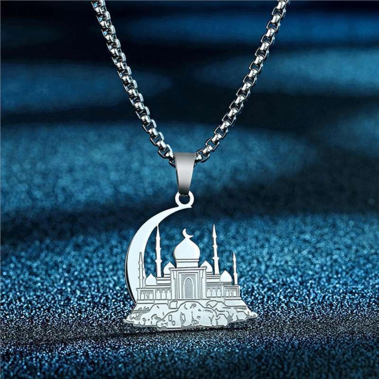 Mosque Crescent Moon Pendant Necklace for Women Men Islamic Muslim Stainless Steel Jewelry Gift