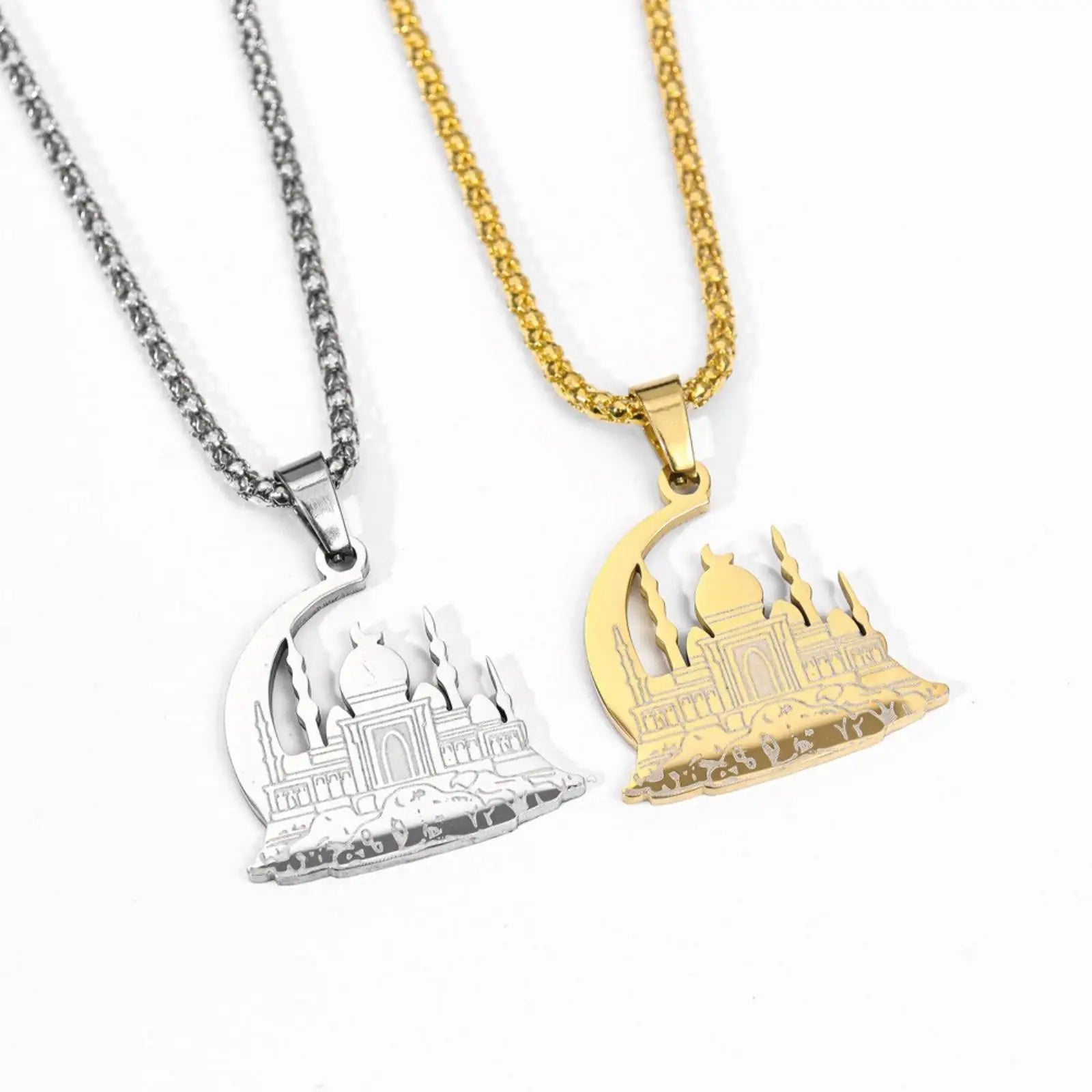Mosque Crescent Moon Pendant Necklace for Women Men Islamic Muslim Stainless Steel Jewelry Gift