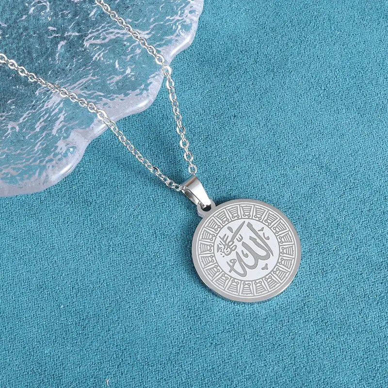 Allah Scripture Round Medal Pendant Stainless Steel Necklace Mens Islamic Jewelry Amulets Muslim Gifts