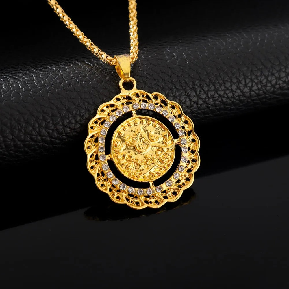 Muslim Islamic Rune Round Pendant Necklace Middle Eastern Turkish Crystal Hollow-Out Pendant Neck Chain for Women Accessories