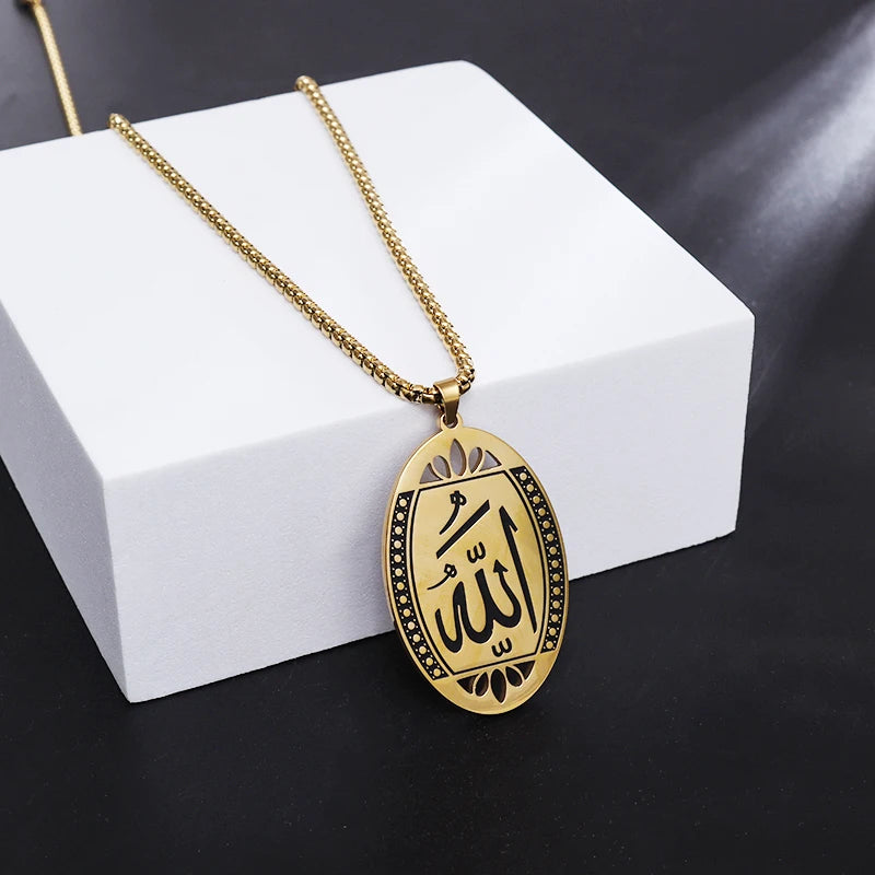 Allah Scripture Round Medal Pendant Stainless Steel Necklace Mens Islamic Jewelry Amulets Muslim Gifts