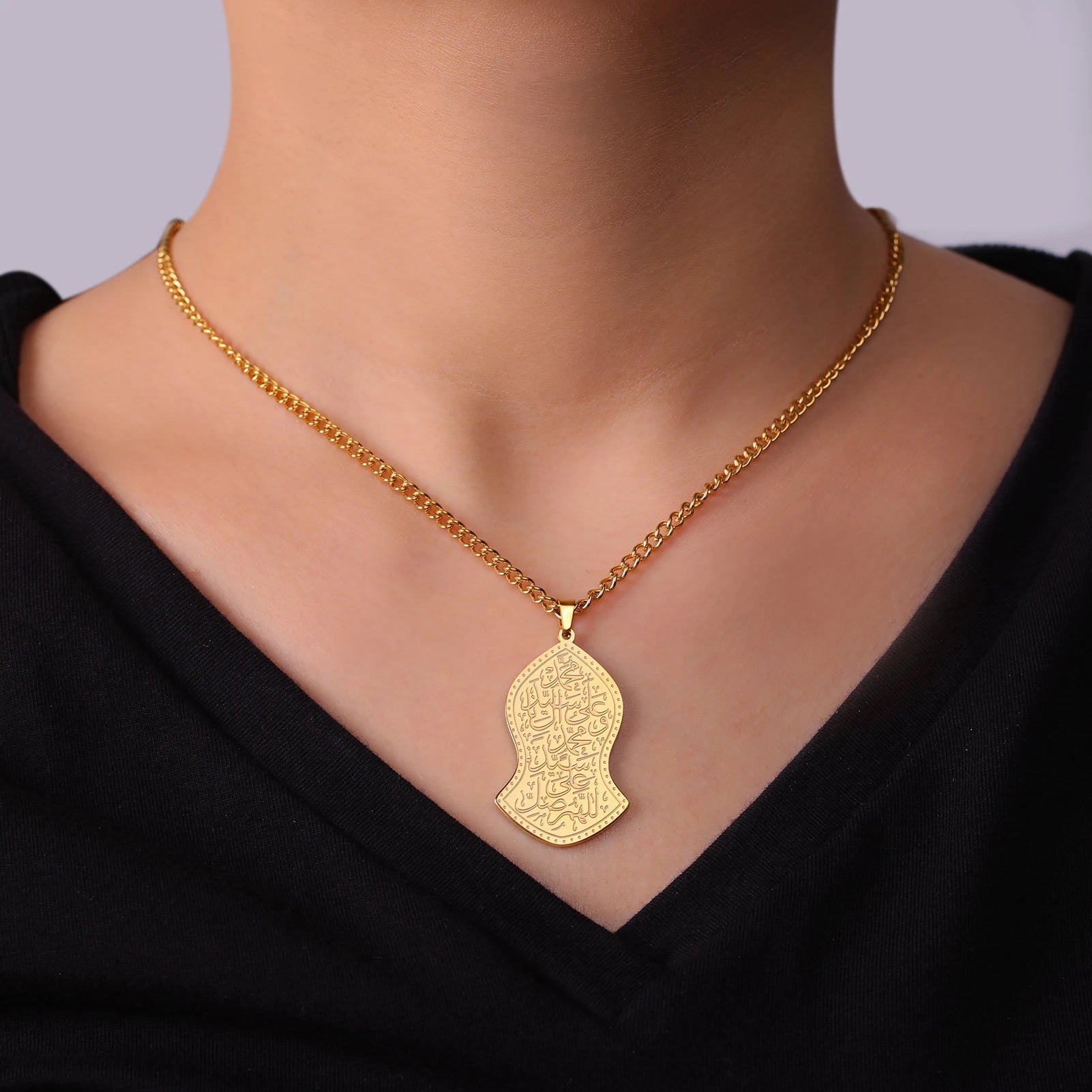 LIKGREAT Islamic Calligraphy Pendant Necklace Ayatul Kursi Stainless Steel Prophet Muhammad Nalain Jewelry Eid Gifts Wholesale